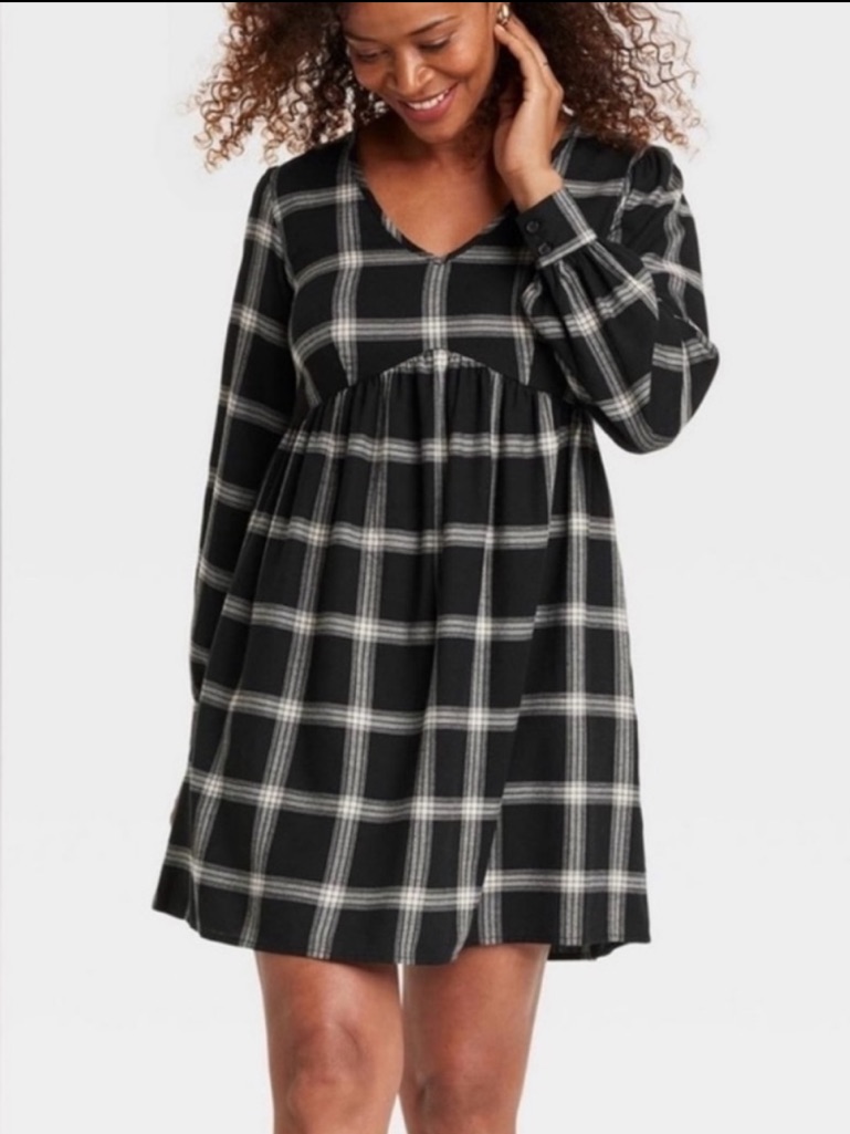 Knox Rose Sz Medium Black & Cream Plaid Long Sleeve Babydoll Dress